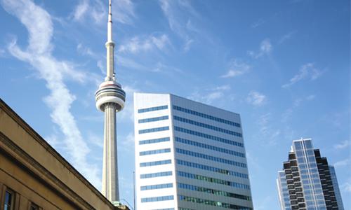 CN Tower surrounded by buildings in Downtown Toronto